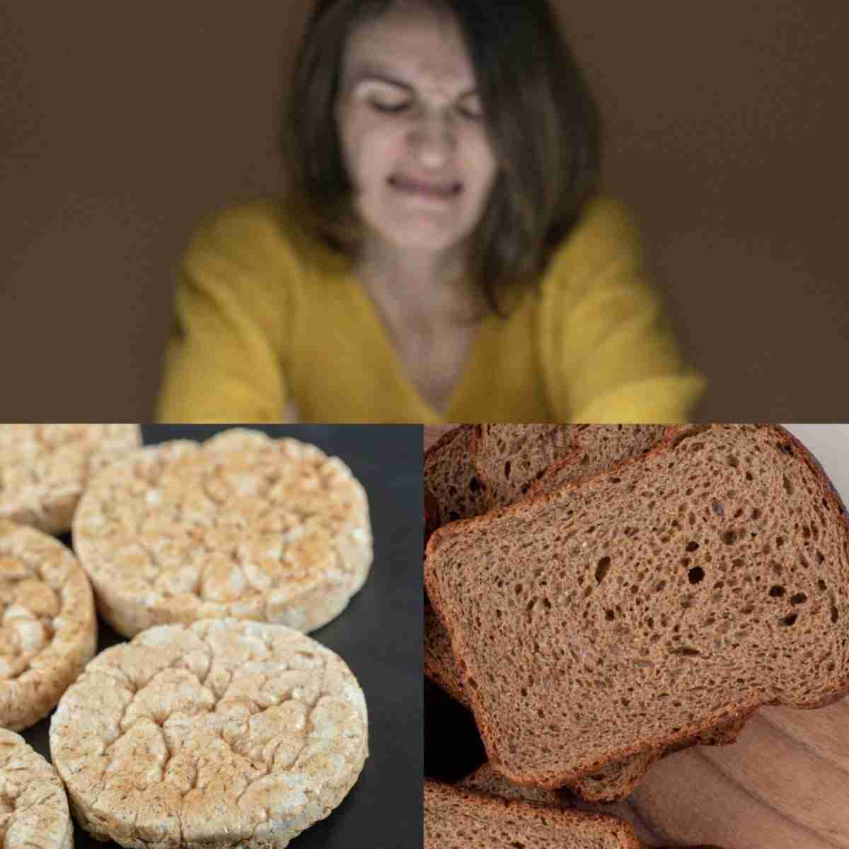 Donna che guarda pensierosa delle gallette e delle fette di segale dall'articolo Alternative alle gallette di riso e fette di segale: idee per una dieta più varia e soddisfacente