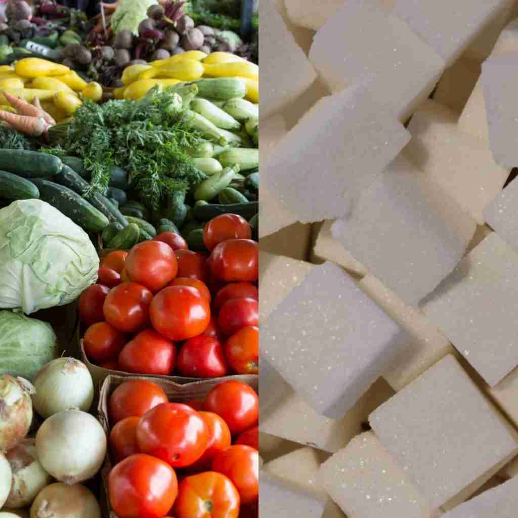 immagine con verdure e zollette di zucchero per articolo Verdure zuccherine nella dieta