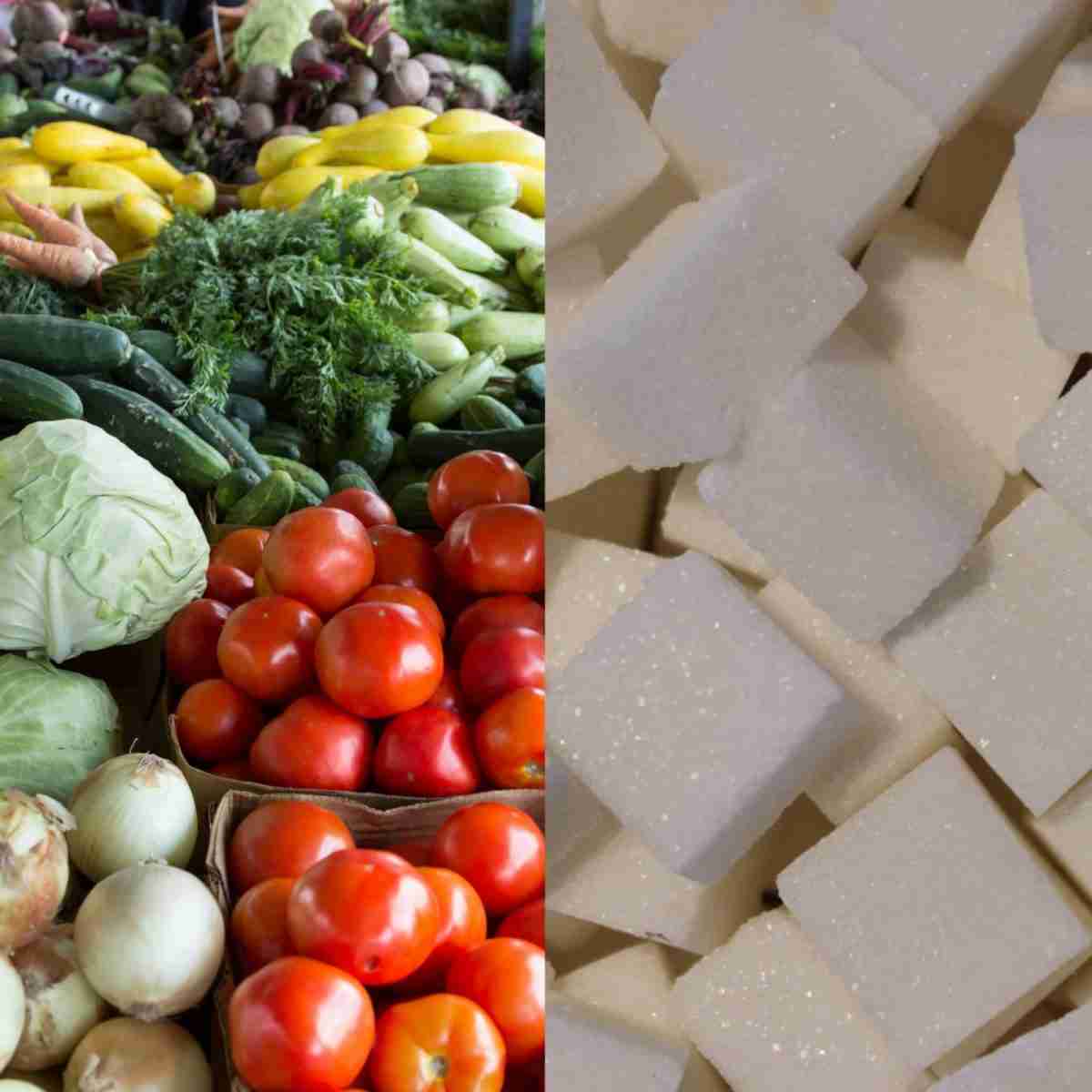 immagine con verdure e zollette di zucchero per articolo Verdure zuccherine nella dieta