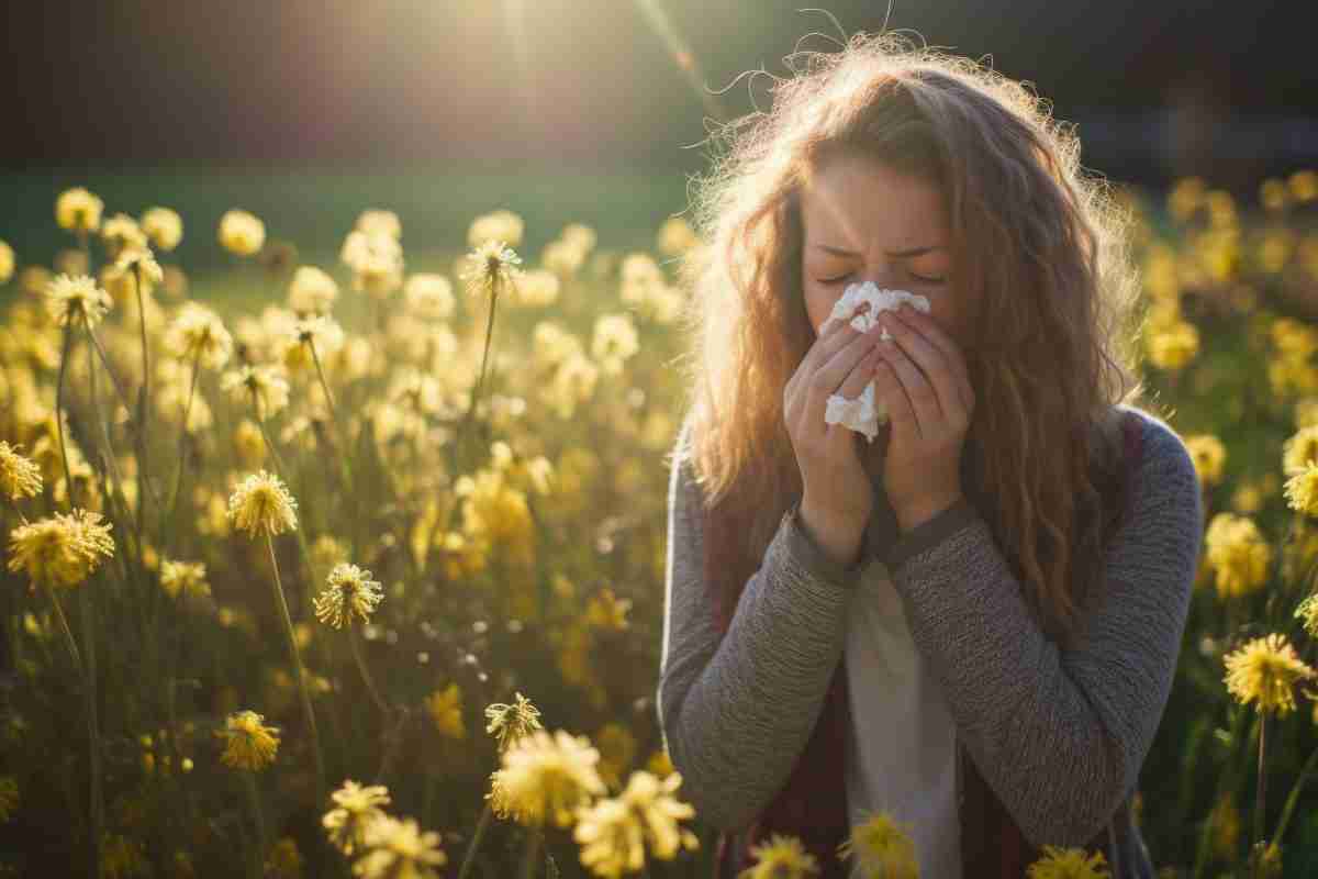 Donna che starnutisce in mezzo ai fiori per l'articolo Allergia ai pollini: rimedi naturali e strategie efficaci per respirare meglio in primavera