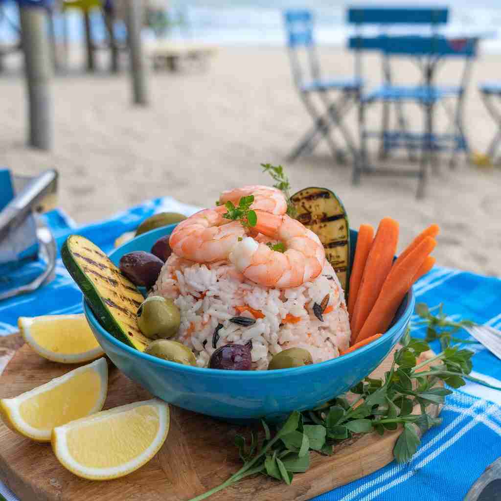 Immagine di insalata di riso in spiaggia per l'articolo 5 idee di pasta e riso freddo equilibrate per l'estate (anche veg, senza glutine e senza lattosio)
