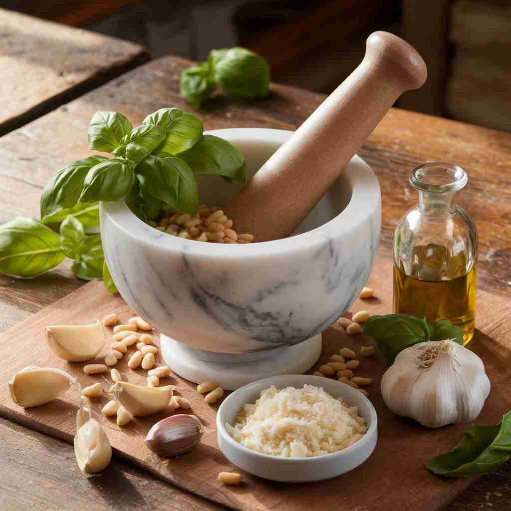 Immagine di mortaio e pestello per il pesto per l'articolo Pasta al Pesto: un classico che non stanca mai