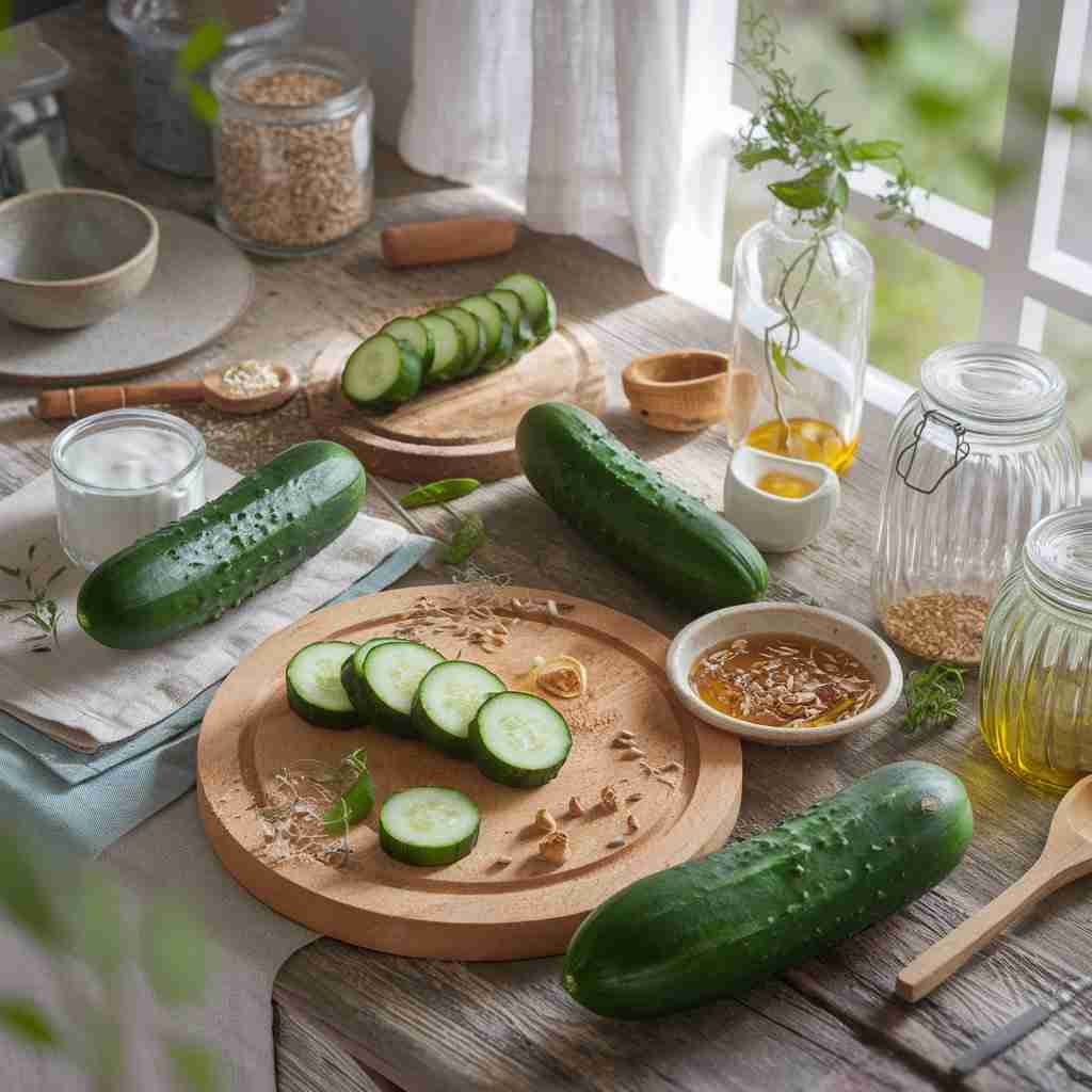 Immagine di tavolo con cetrioli interi e tagliati per l'articolo Cetriolo: proprietà, benefici e ricette
