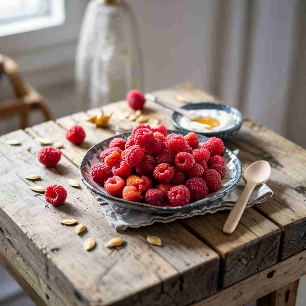 Immagine di tazza con lamponi freschi per articolo Lampone: proprietà, benefici e idee fresche per usarlo ogni giorno
