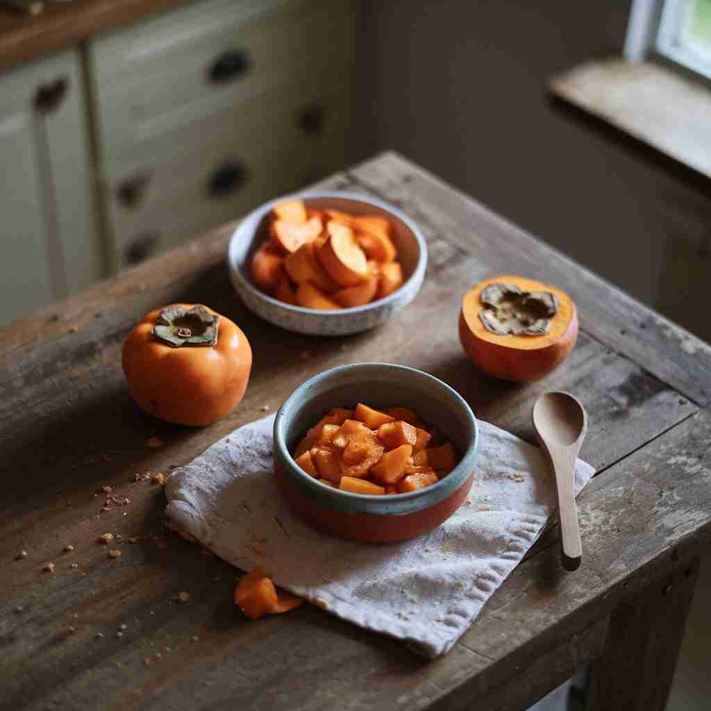 Immagine di cachi interi, a pezzi e in crema per l'articolo "Caco: proprietà, benefici e idee sane per gustarlo"