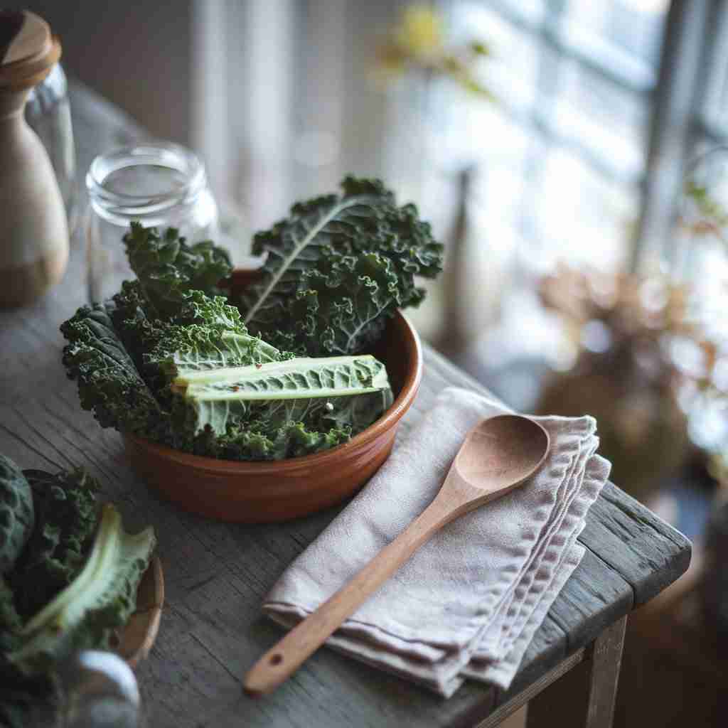 immagine di foglie di cavolo nero su una viotila su un tavolo per l'articolo "Cavolo nero: proprietà, benefici e ricette"