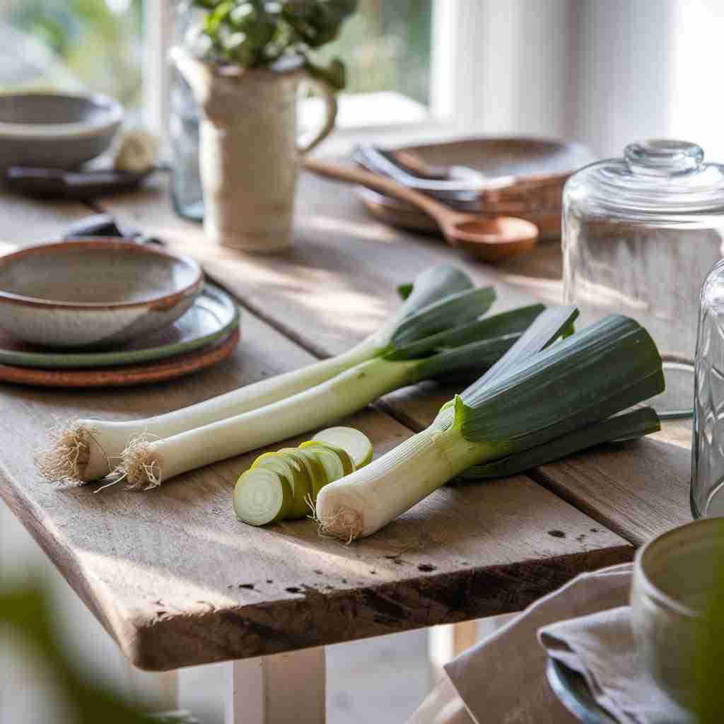 Immagine di porri tagliati e interi per l'articolo "Porro: proprietà, benefici e idee per usarlo al meglio"