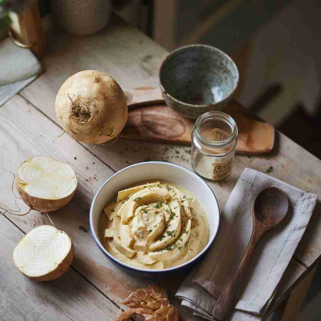 Immagine di sedano rapa intero e cotto in vellutata per l'articolo "Sedano rapa: proprietà, benefici e idee creative in cucina"