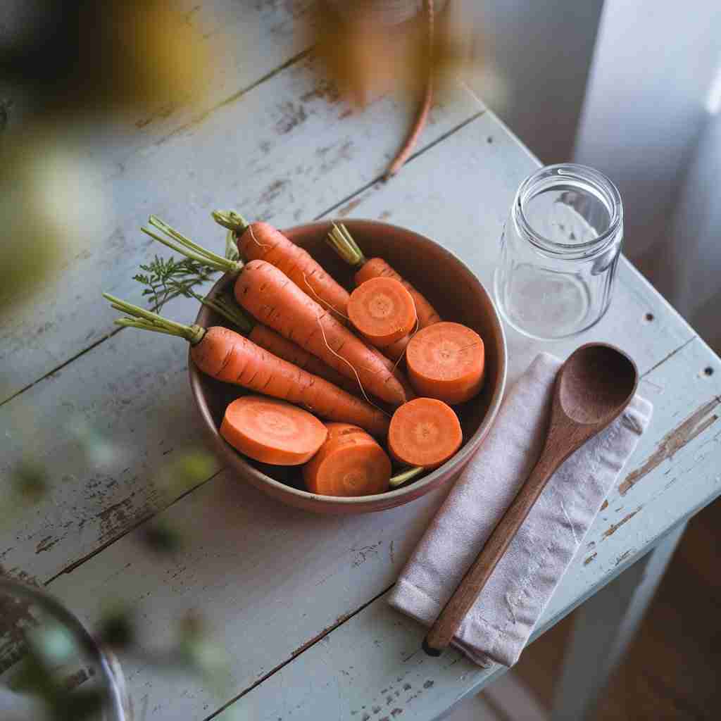 Immagine di carote intere e a pezzi su un tavolo rustico per l'articolo "Carota: proprietà, benefici e idee per gustarla tutto l'anno"