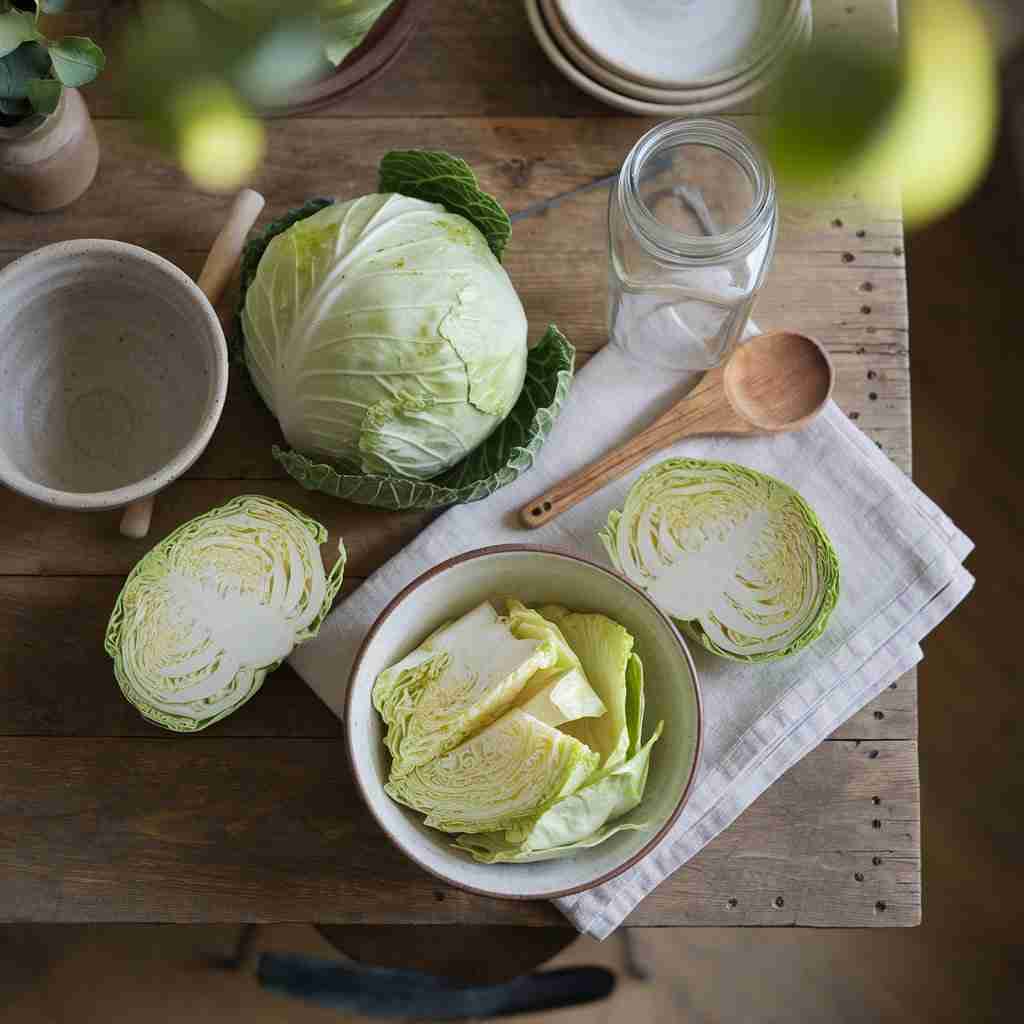 Immagine di cavolo cappuccio intero e a pezzi su un tavolo di legno per l'articolo "Cavolo cappuccio: proprietà, benefici e idee per usarlo in cucina"