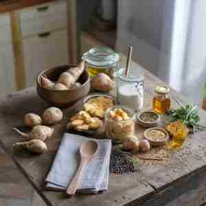 Immagine di topinambur su un tavolo per l'articolo "Topinambur: proprietà, benefici e idee per usarlo in cucina"