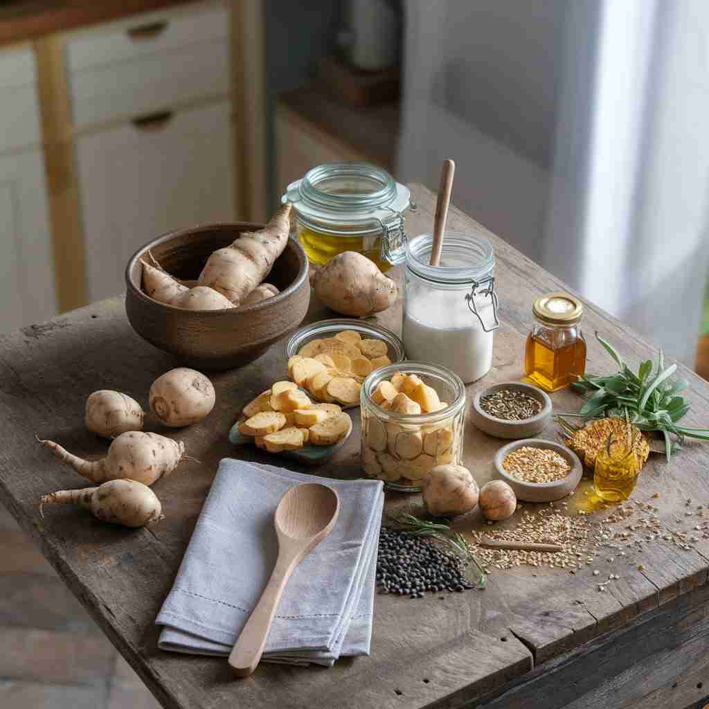 Immagine di topinambur su un tavolo per l'articolo "Topinambur: proprietà, benefici e idee per usarlo in cucina"