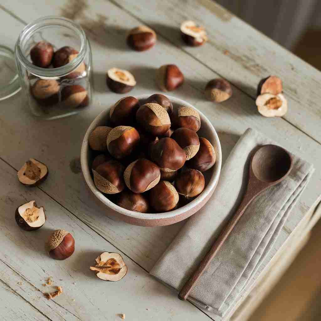 Immagine di tavolo con castagne cotte e crude per l'articolo "Castagne: proprietà, benefici e idee sane per gustarla tutto l'anno"