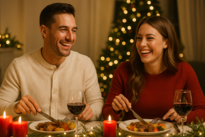 Coppia felice di fronte ad una cena di Natale per l'articolo "Cene di Natale, guida per il 2025"