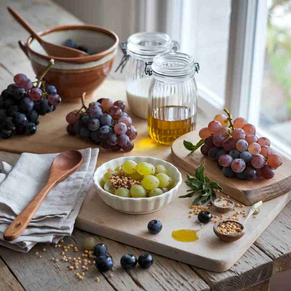 immagine di tipi di uva su un tavolo con bicchieri e miele per l'articolo "Uva: proprietà, benefici e idee per gustarla tutto l'anno"