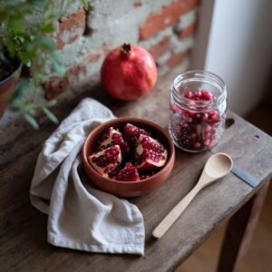 Immagine di melograno intero e aperto su un tavolo rustico per l'articolo "Melograno: proprietà, benefici e idee per gustarla tutto l'anno"