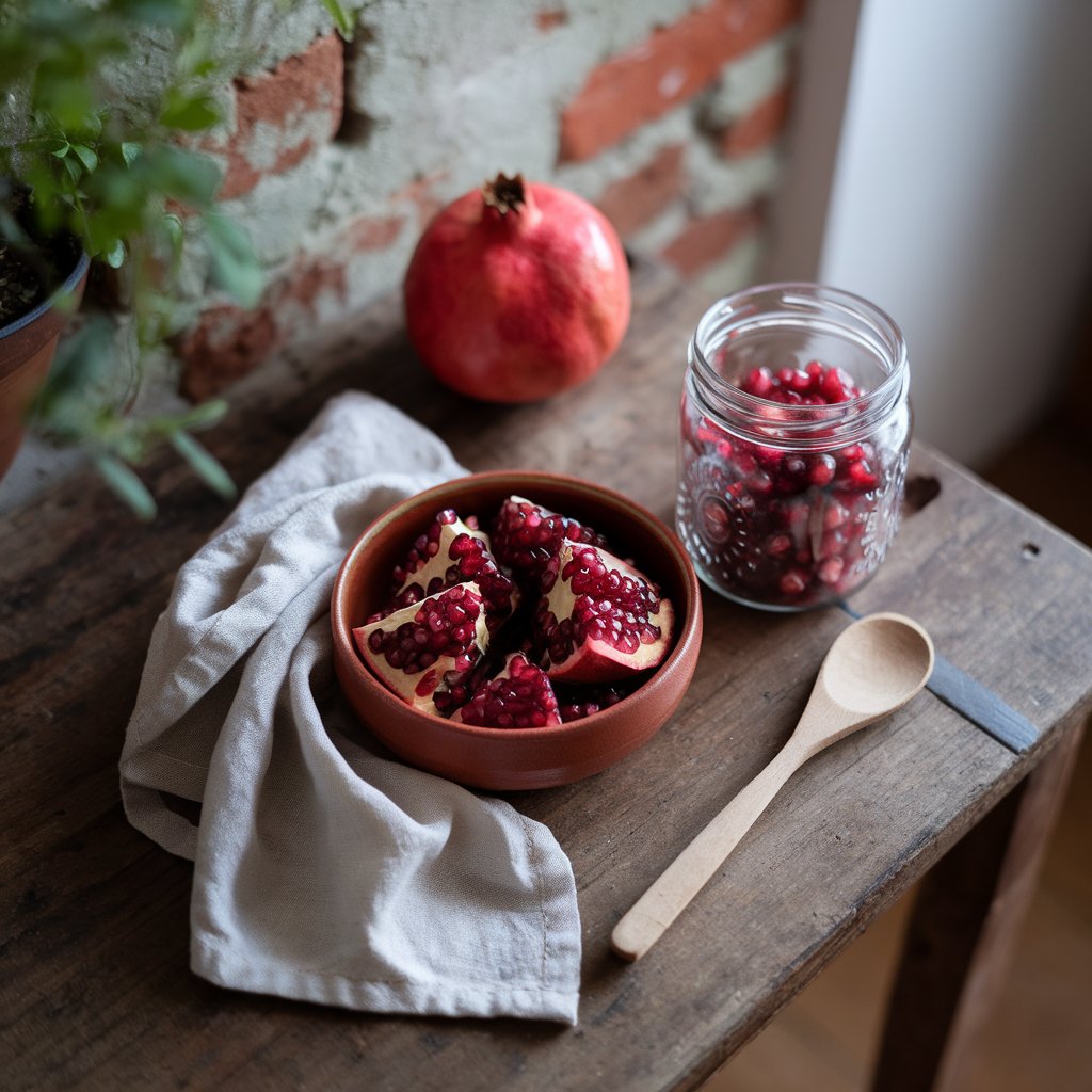 Immagine di melograno intero e aperto su un tavolo rustico per l'articolo "Melograno: proprietà, benefici e idee per gustarla tutto l'anno"
