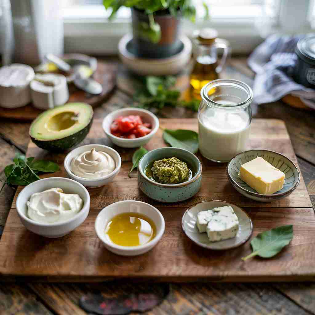 Immagine di tavolo con diversi tipi di condimenti diversi dall'olio di oliva "Scopri le migliori alternative all'olio d'oliva. Dalle salse alle spezie, impara a variare i tuoi condimenti per gusto e benessere."