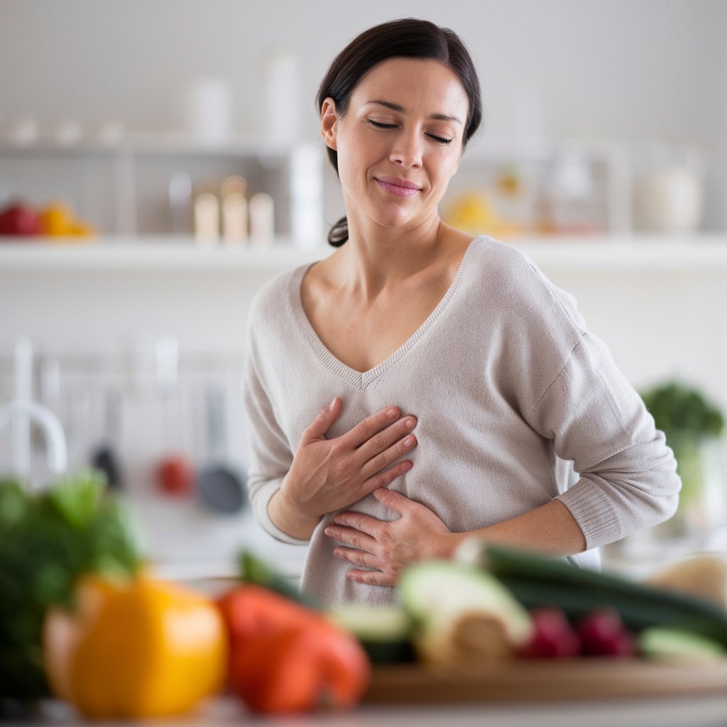 Donna prepara pasto sano con verdure fresche per benessere intestinale e digestione ottimale - alimentazione equilibrata per gonfiore, reflusso e stitichezza