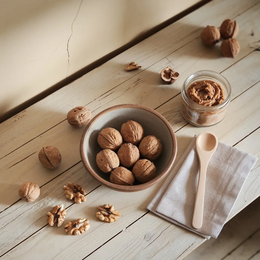 Noci fresche con guscio in ciotola artigianale e pesto di noci fatto in casa su tavolo in legno