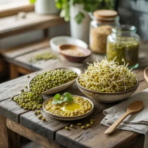 Fagioli mungo verdi ricchi di proteine vegetali con germogli ideali per cucina ayurvedica e dieta plant-based