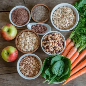 Confronto visivo tra fibre solubili e insolubili con esempi di alimenti che le contengono e i loro benefici per la salute intestinale