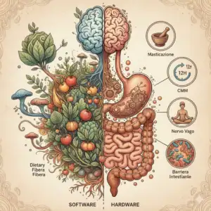 Illustrazione concettuale dei 5 pilastri dell'hardware digestivo necessari per ottimizzare l'assimilazione e gestione delle fibre alimentari
