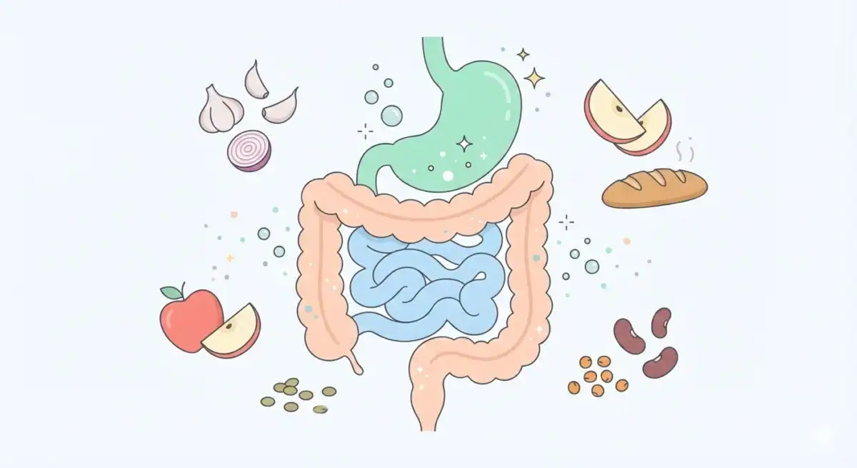 Schema esplicativo dei FODMAP con categorie di alimenti ad alto e basso contenuto per gestire gonfiore e sindrome dell'intestino irritabile