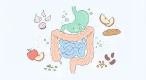 Schema esplicativo dei FODMAP con categorie di alimenti ad alto e basso contenuto per gestire gonfiore e sindrome dell'intestino irritabile