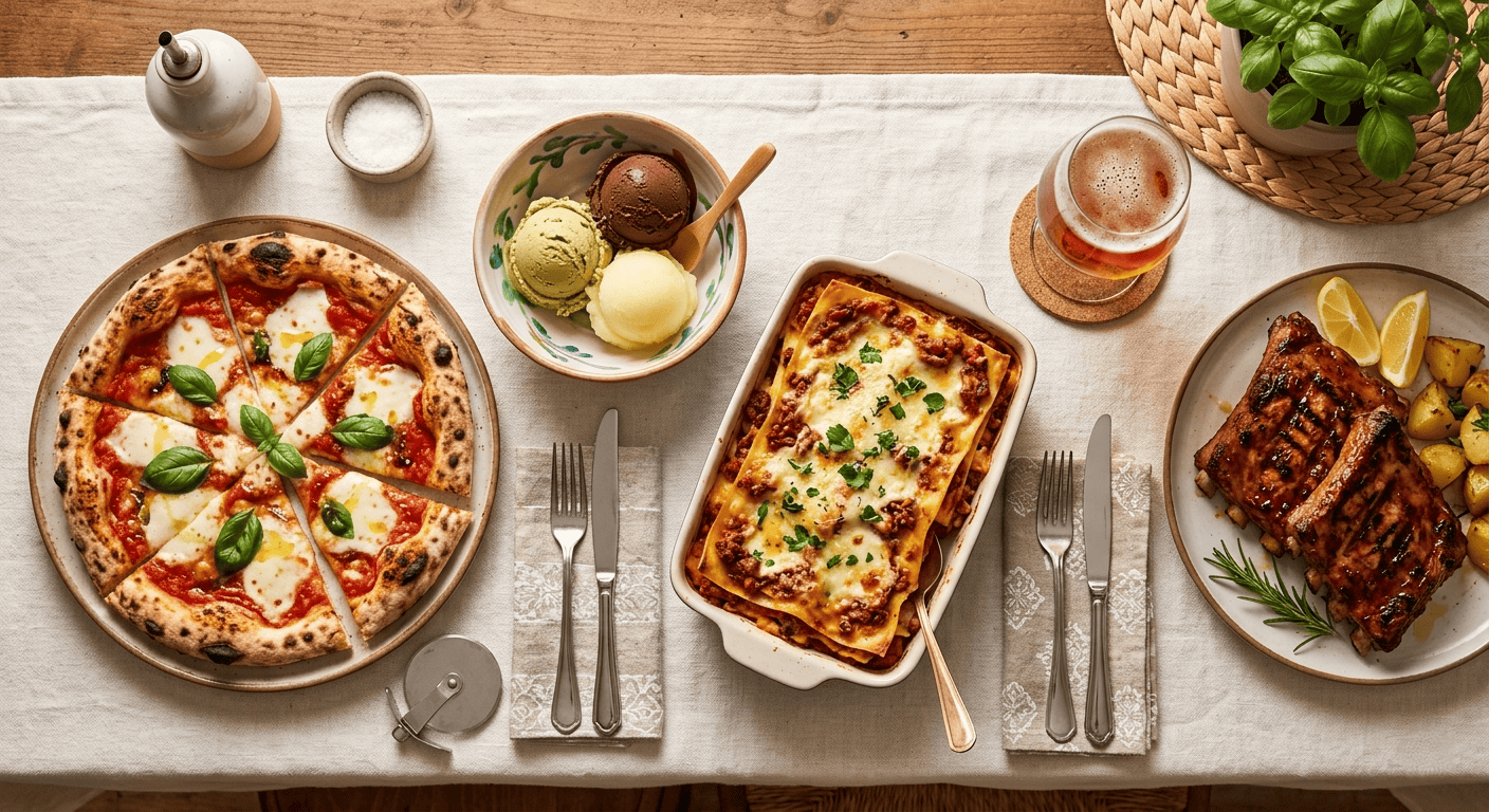 Tavola apparecchiata con pizza margherita, gelato artigianale, lasagna e birra: il pasto libero vero, curato e conviviale