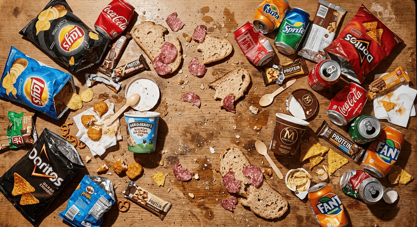 Tavola caotica con cibi confezionati, snack e patatine: l'abbuffata tipica del 'tanto posso'