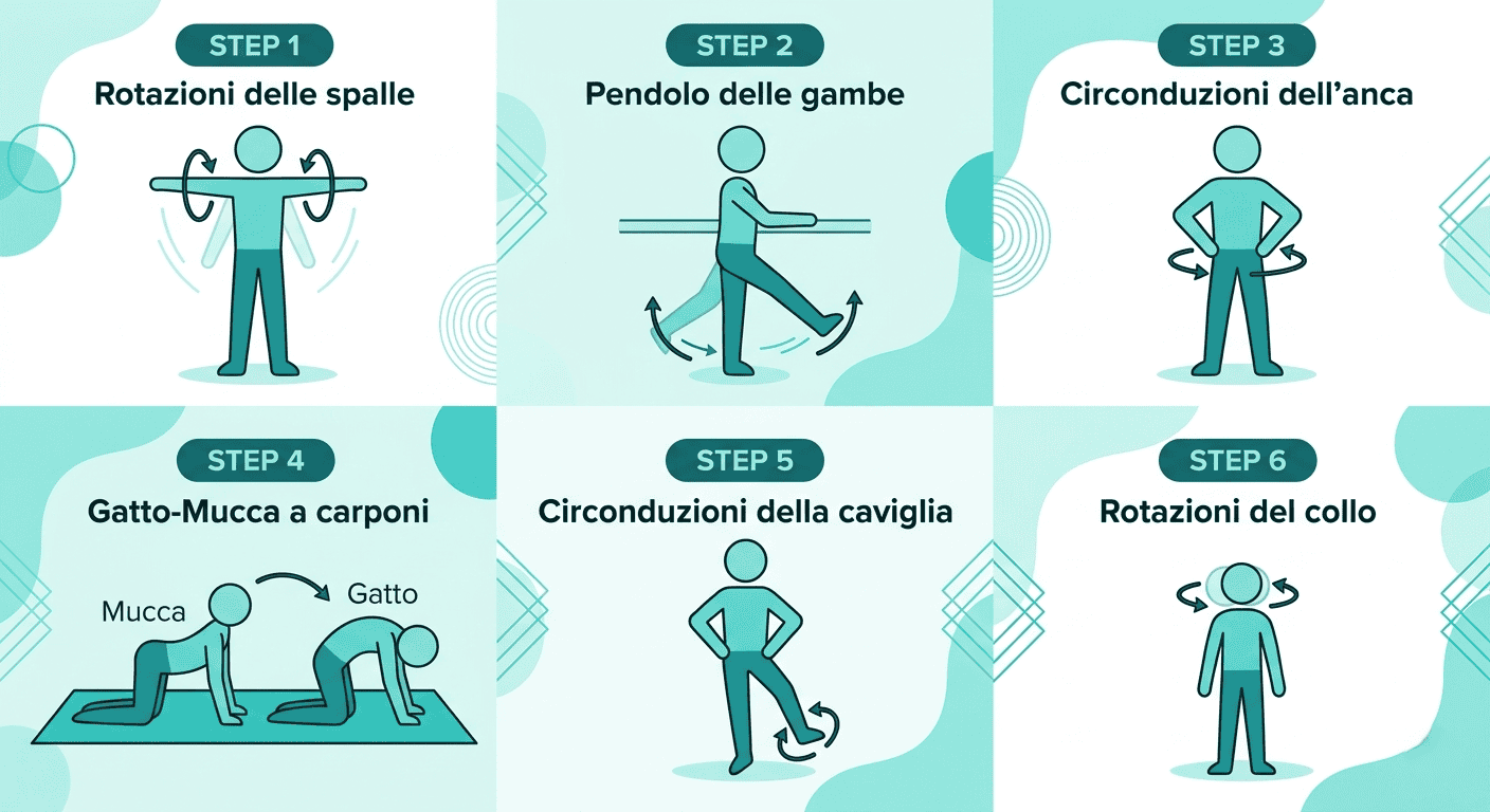 Sequenza di 6 esercizi di mobilità dinamica: spalle, gambe, anche, schiena, caviglie, collo