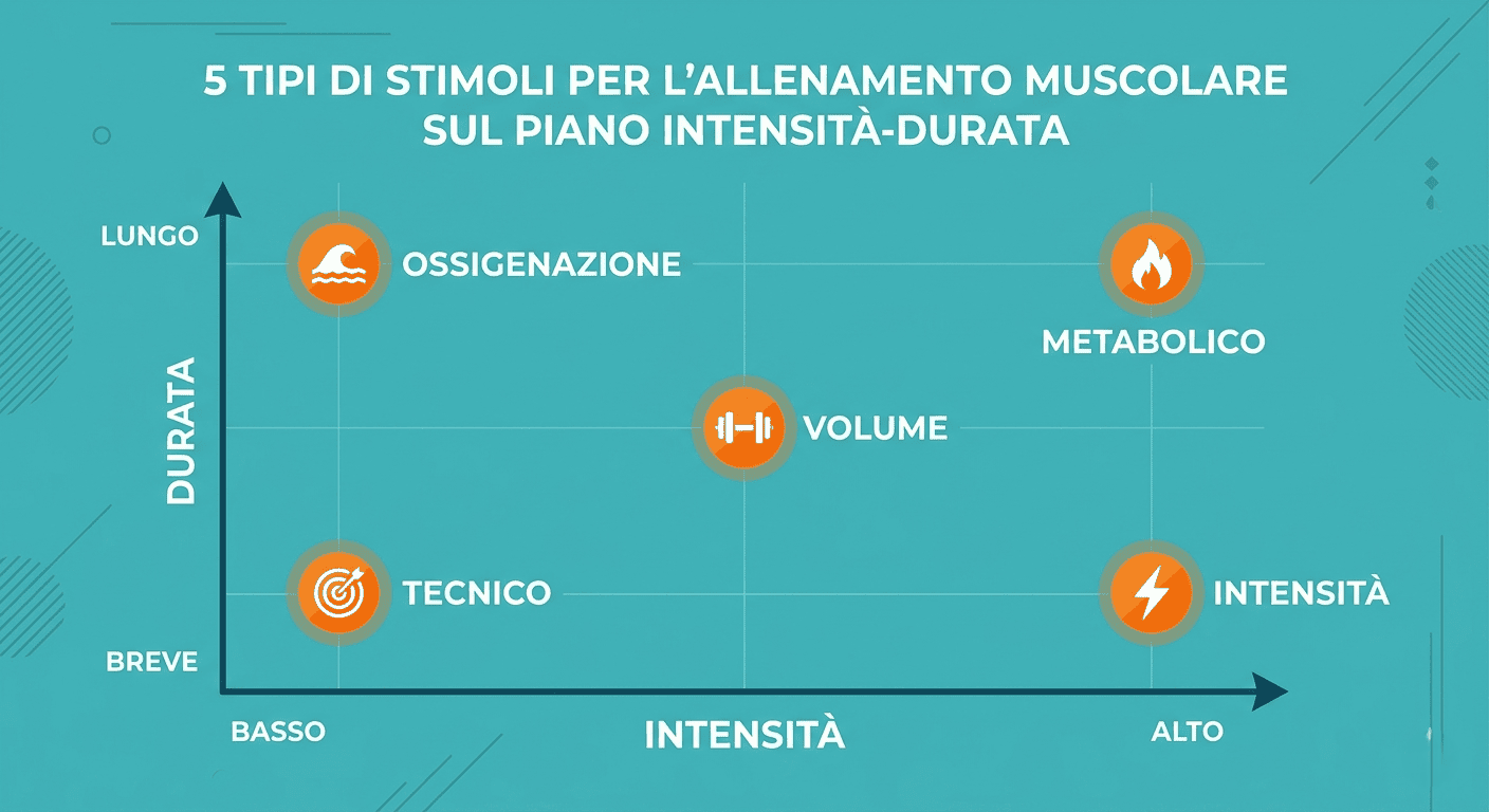 Infografica dei 5 stimoli allenanti: intensità, volume, metabolico, tecnico, ossigenazione
